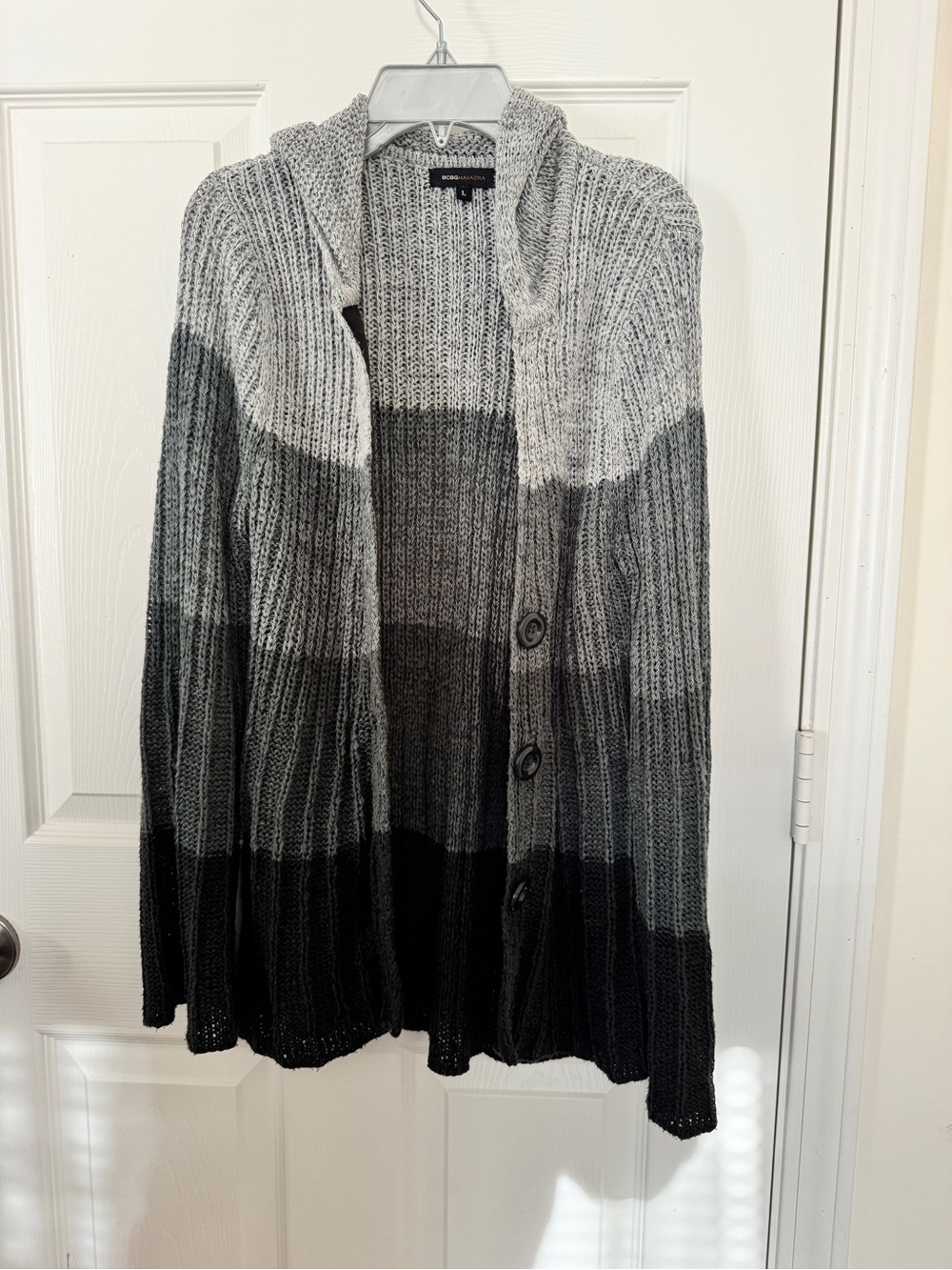 BCBGMAXAZRIA Large Hooded Cardigan Gray Black Colorblock Knit Flare Sleeve